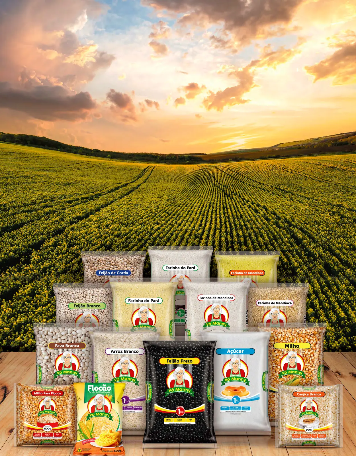 A linha completa de produtos Vó Manny sobre uma plantação ao entardecer
